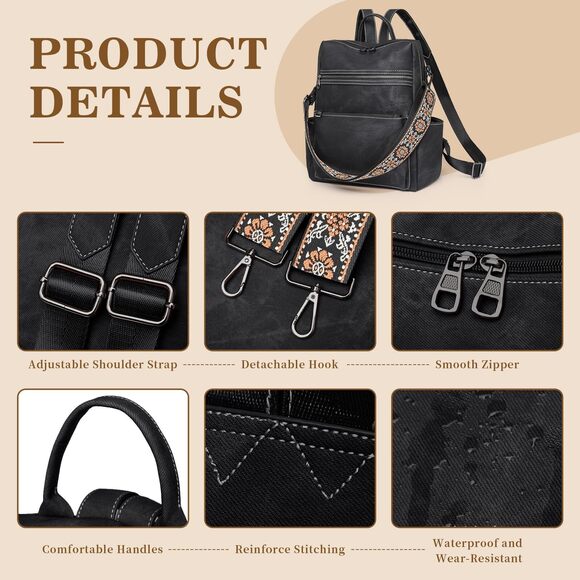 3169 Backpack Purse , PU Leather Backpack Purse, Waterproof Anti-Theft Back main image 5